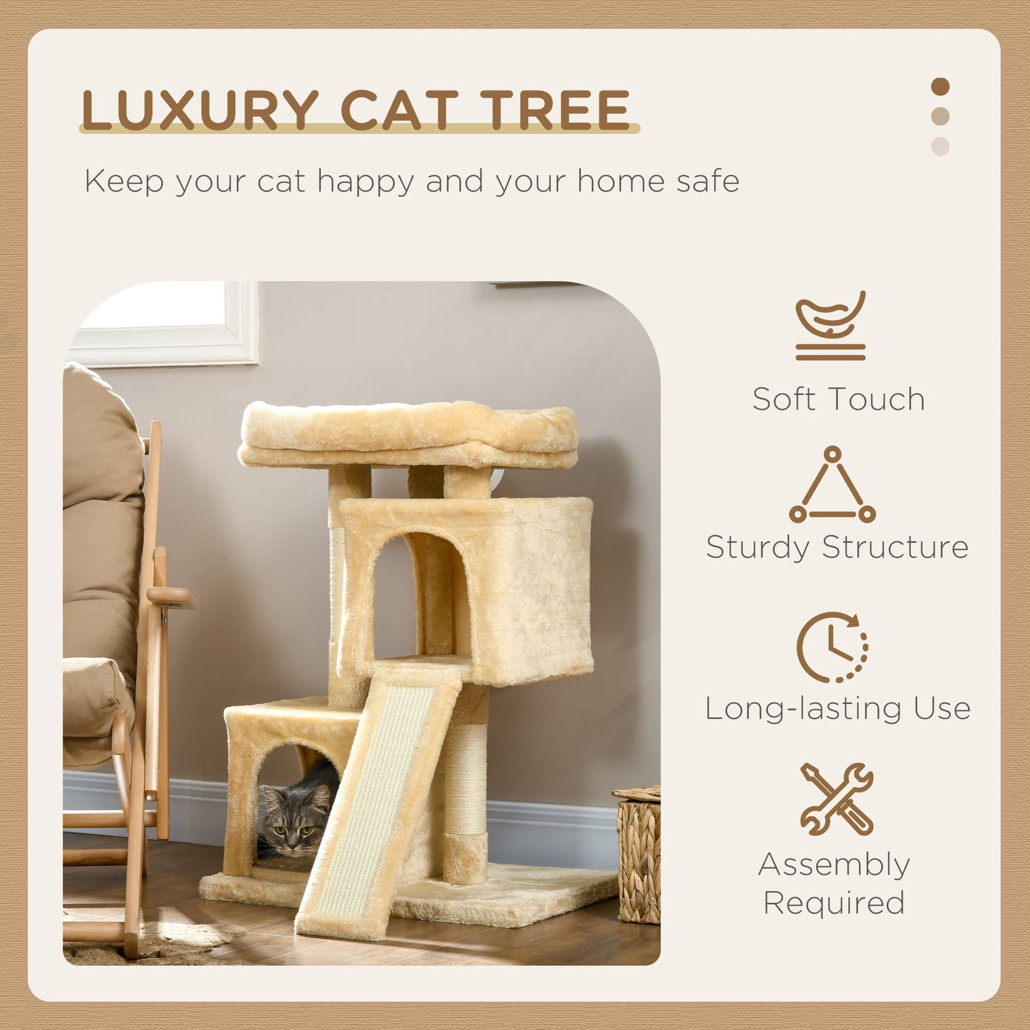 PawHut Sisal Cat Rest & Play Activity Tree w/ 2 House Cream White