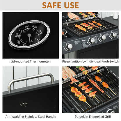 Outsunny 3+1 palnikowy grill gazowy, wózek do grilla na zewnątrz z kółkami, ruszt do podgrzewania, półki boczne, szafka, termometr do ogrodu, na imprezę, kemping, 110L x 50W x 100Hcm, czarny
