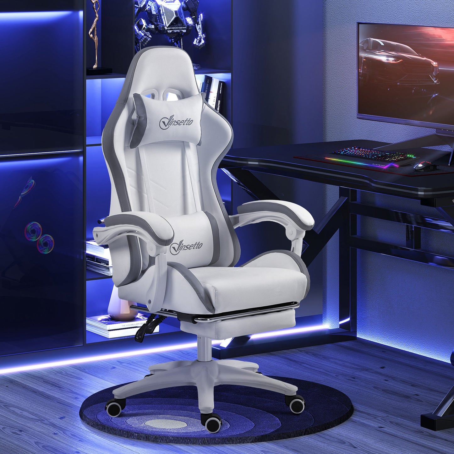 Vinsetto Computer Gaming Chair, PU Leather Desk Chair with Footrest, Swivel Task Chair with 135¡ Reclining Back and Lumbar Support, PC Chair for Adults, White and Grey