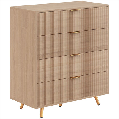 HOMCOM Bedroom Chest of Drawers with 4 Drawers, Fluted Dresser with Gold Tone Handles, Storage Cabinet, Natural
