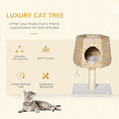 PawHut Cat Tree Tower Climbing Activity Center Kitten Furniture with Cattail Fluff Bed Condo Sisal Scratching Post Hanging Ball 45 x 45 x 66cm Natural