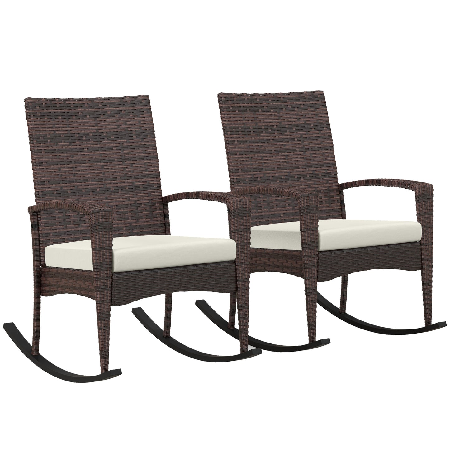Zestaw 2 bujanych krzeseł ogrodowych Outsunny Outdoor PE Rattan z podłokietnikiem i poduszką, brązowy