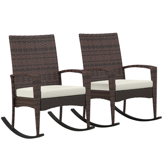 Zestaw 2 bujanych krzeseł ogrodowych Outsunny Outdoor PE Rattan z podłokietnikiem i poduszką, brązowy