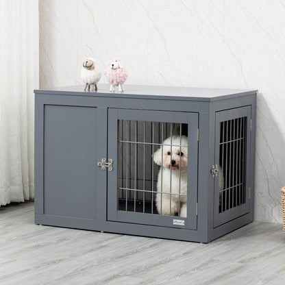 PawHut Furniture Style klatka dla psa dla małych i średnich psów, stolik boczny z dwoma zamykanymi drzwiami - szara