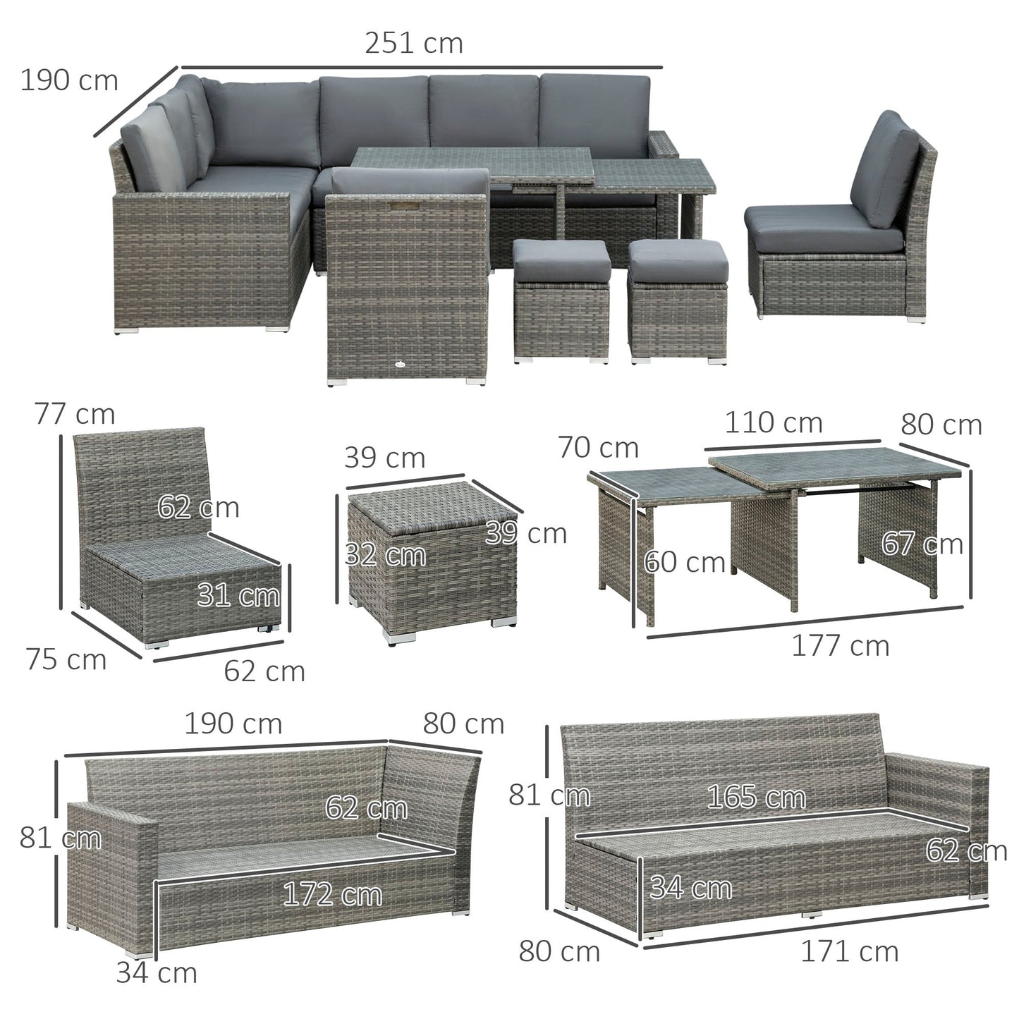 Outsunny Seven-Piece Rattan Garden Sofa Set, with Expanding Table - Grey