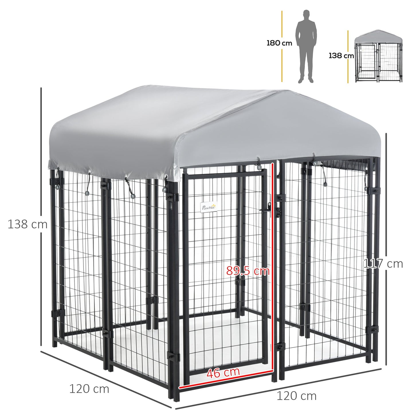 PawHut Outdoor Dog Kennel, Metal Playpen Fence Dog Run with UV-Resistant Canopy and Locks, for Small and Medium Dogs, 120 x 120 x 138cm