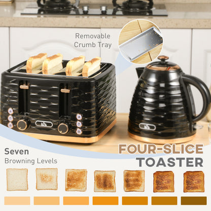 HOMCOM Kettle and Toaster Sets, 3000W 1.7L Rapid Boil Kettle & 4 Slice Toaster with 7 Browning Controls, Defrost, Reheat and Crumb Tray, UK Otter thermostat, Black