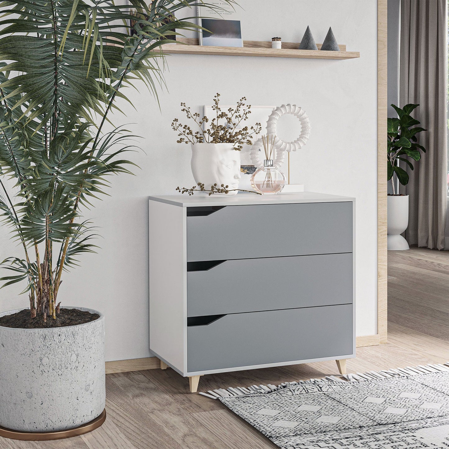 3 Drawer Storage Chest Cabinet Unit with Pine Wood Legs for Bedroom, Living Room, 75cmx42cmx75cm, Grey