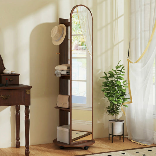 HOMCOM 2-in-1 Full Length Mirror with Storage Shelves, Floor Mirror with 4 Wheels, Coat Rack, Hooks, Brown Wood Effect