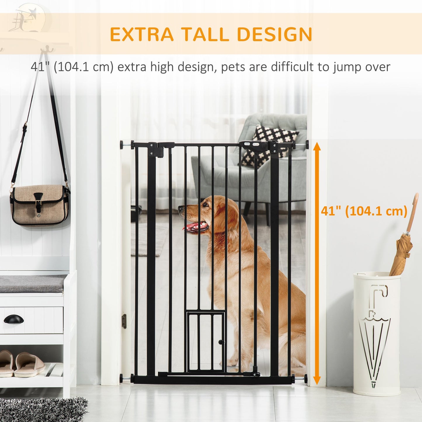 PawHut Extra Tall Pet Gate, Indoor Dog Safety Gate, with Cat Flap, Auto Close, 74-101cm Wide - Black