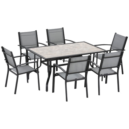 Outsunny 7 Pieces Garden Dining Set, 6 Seater Garden Table and Chairs with Parasol Hole, Outdoor Furniture Armchairs and Stone-like Plastic Top Table with Breathable Mesh Fabric Seat, Grey