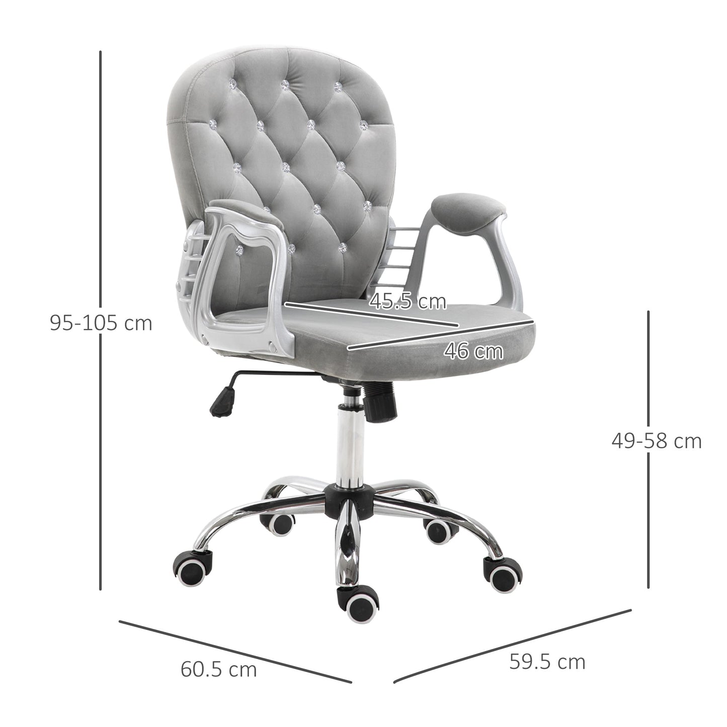 Vinsetto Office Chair with Diamond Tufted Velour, Adjustable Height, Computer Desk chair for Home Office, Grey