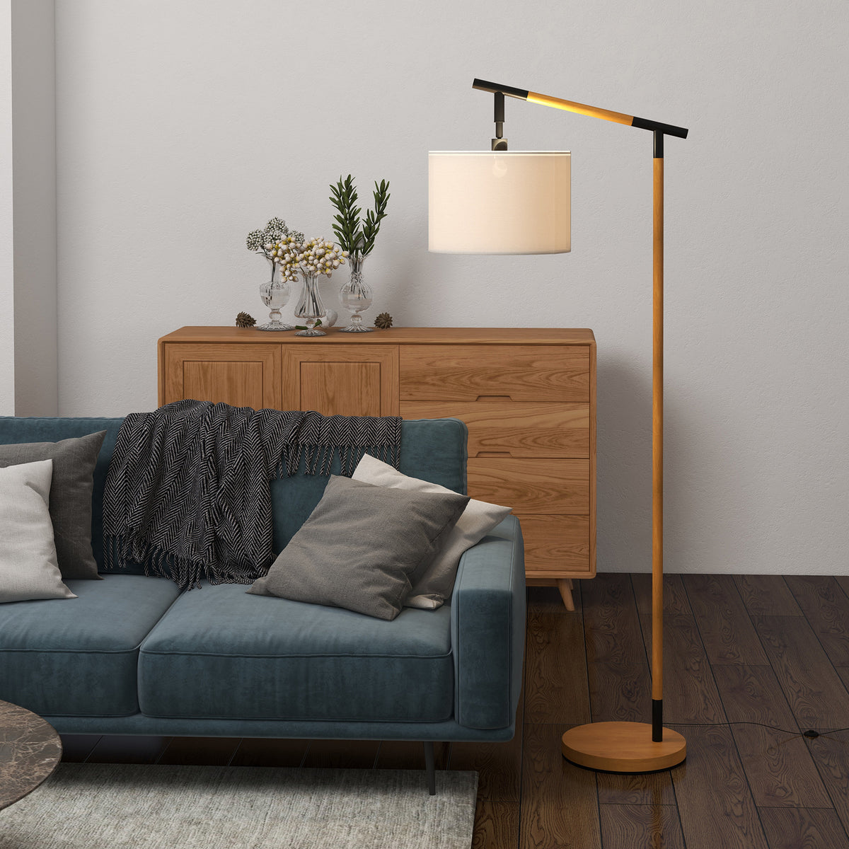HOMCOM Metal Frame Floor Lamp with 350 Degree Rotating Lampshade, for Living Room and Bedroom, LED Bulb Included, Brown