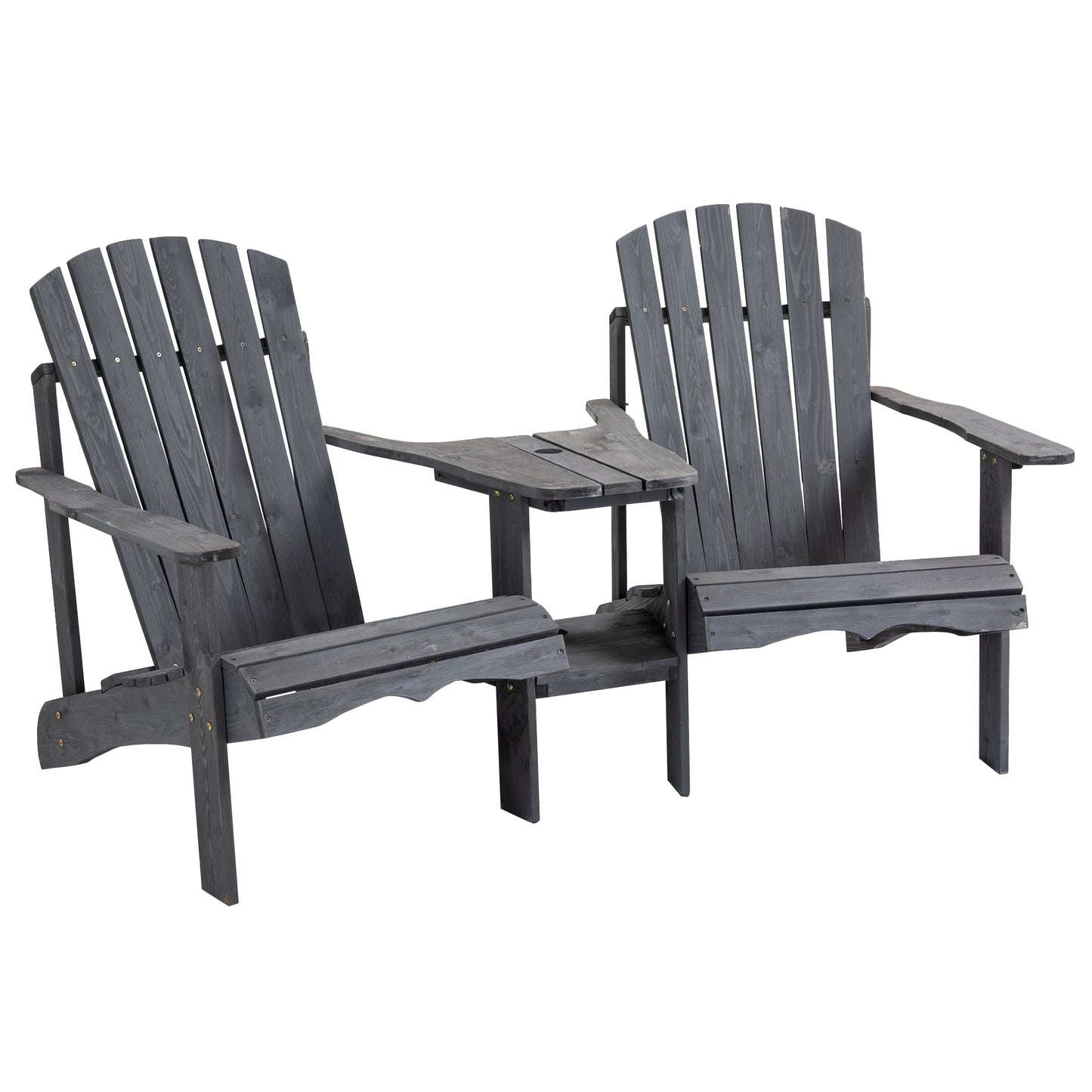Outsunny Drewniane Podwójne Krzesła Adirondack Zewnętrzne Sofa Dwuosobowa ze Stolikiem Centralnym i Otworem na Parasol, Meble Ogrodowe Patio do Wypoczynku i Relaksu, Ciemnoszary
