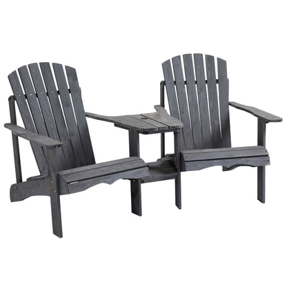 Outsunny Drewniane Podwójne Krzesła Adirondack Zewnętrzne Sofa Dwuosobowa ze Stolikiem Centralnym i Otworem na Parasol, Meble Ogrodowe Patio do Wypoczynku i Relaksu, Ciemnoszary