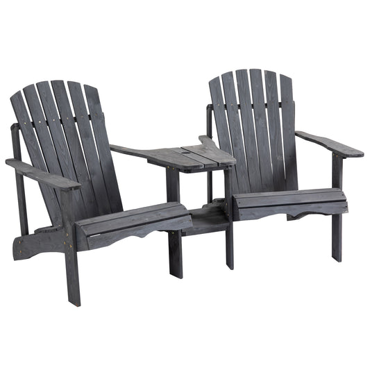 Outsunny Drewniane Podwójne Krzesła Adirondack Zewnętrzne Sofa Dwuosobowa ze Stolikiem Centralnym i Otworem na Parasol, Meble Ogrodowe Patio do Wypoczynku i Relaksu, Ciemnoszary