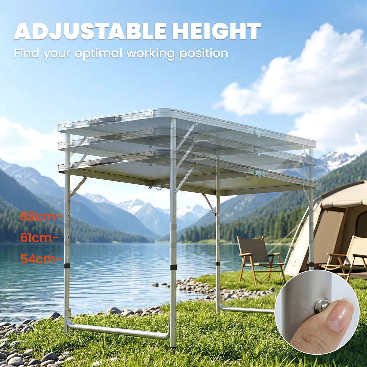 Outsunny 4ft Folding Camping Cupboard Kitchen, Height Adjustable Aluminium Camping Table with Storage, Lightweight Picnic Table for Outdoor Garden BBQ Party