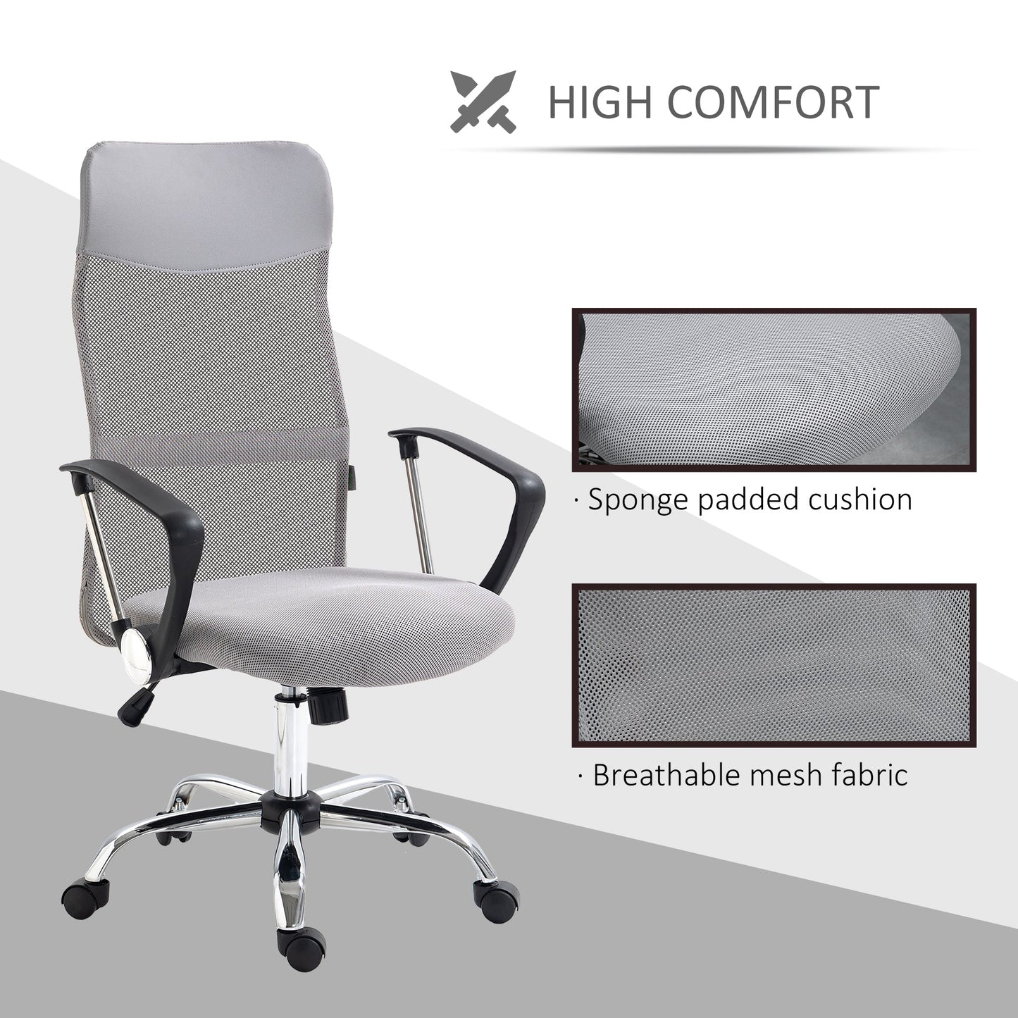 Vinsetto Ergonomic Office Chair Mesh Chair with Adjustable Height Tilt Function Light Grey