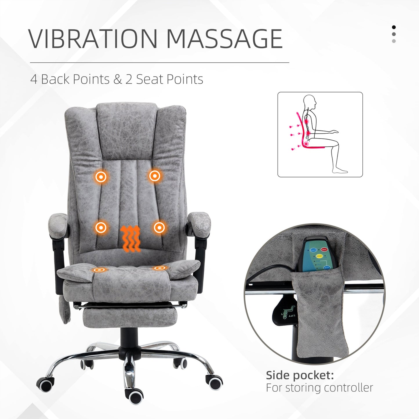 Vinsetto 6-point Vibrating Heat Massage Chair Micro Fibre Upholstery w/ Manual Footrest Padding High Back Remote Wheels Swivel Chair Reclining Grey