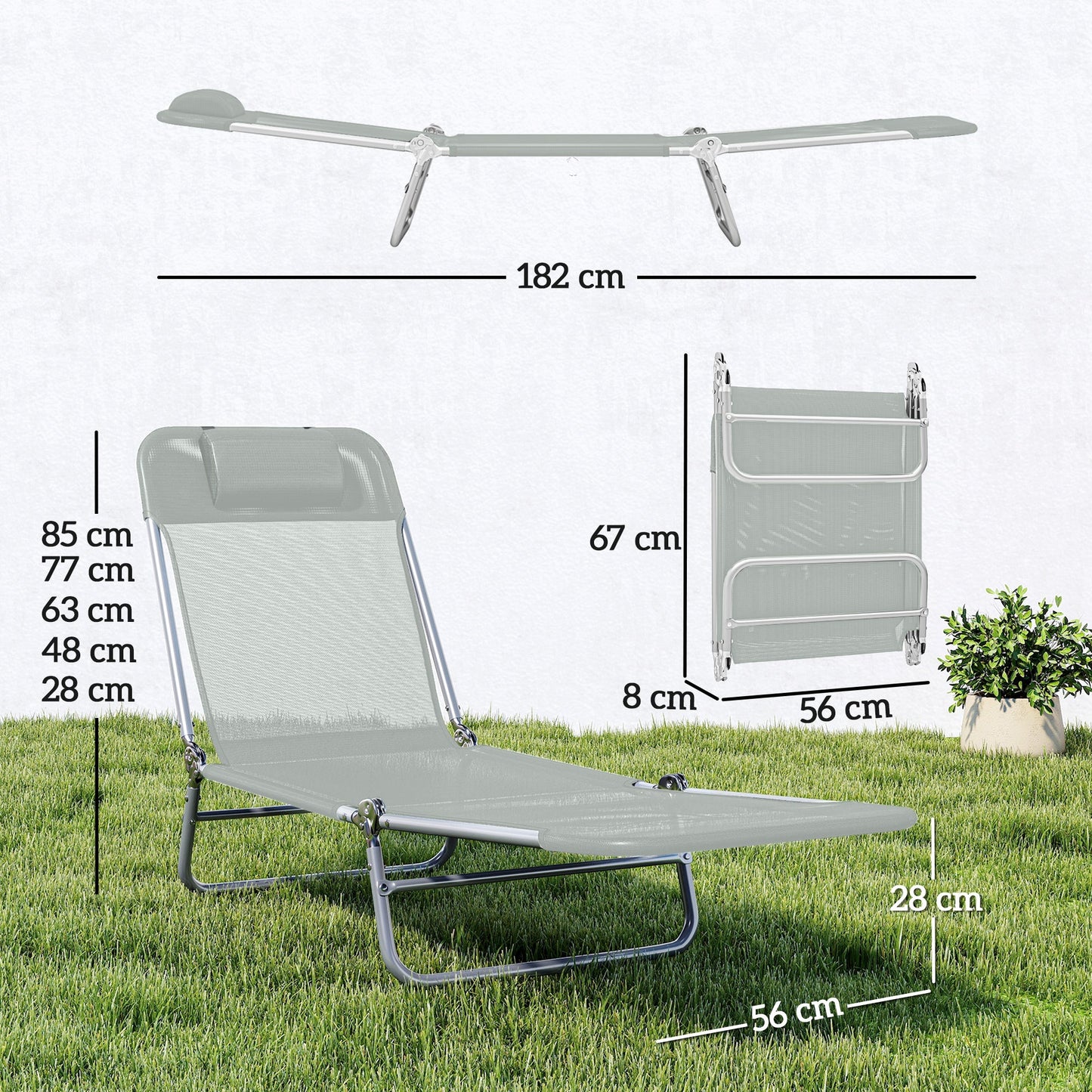 Outsunny Steel Frame Sun Lounger, with Reclining Back - Light Grey