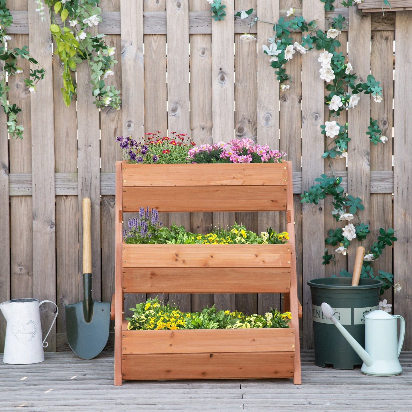 Outsunny 3 Tier Raised Garden Bed Wooden Elevated Planter Box Kit, 66L for Flower, Vegetable, Herb, 65x75x78cm, Brown