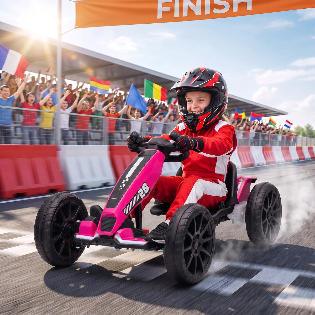 AIYAPLAY 12V Electric Go Kart for Kids with Dual Motors, Adjustable Seat, Soft Start, LED Lights, EVA Wheels, for Age 3-6, Pink