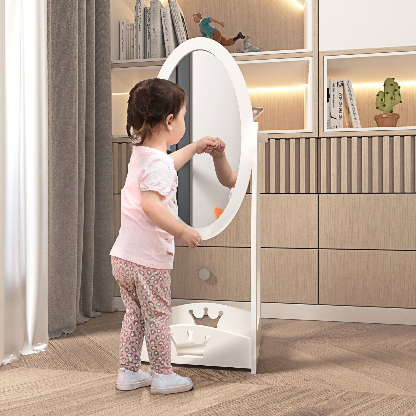 HOMCOM Free Standing Full Length Mirror, Child's Dressing Mirror with storage shelf, Children's White Bedroom Furniture 360¡ Rotation MDF, For 3- 8 Years Old, 40L x 30W x 104H cm