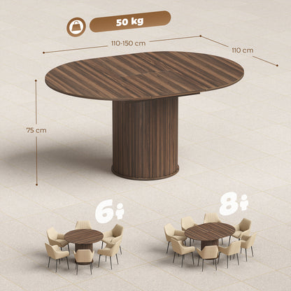 HOMCOM Extendable Round Dining Table Kitchen Table Hidden Leaf Storage Pedestal Base Seats 6-8 110-150 cm Dark Walnut