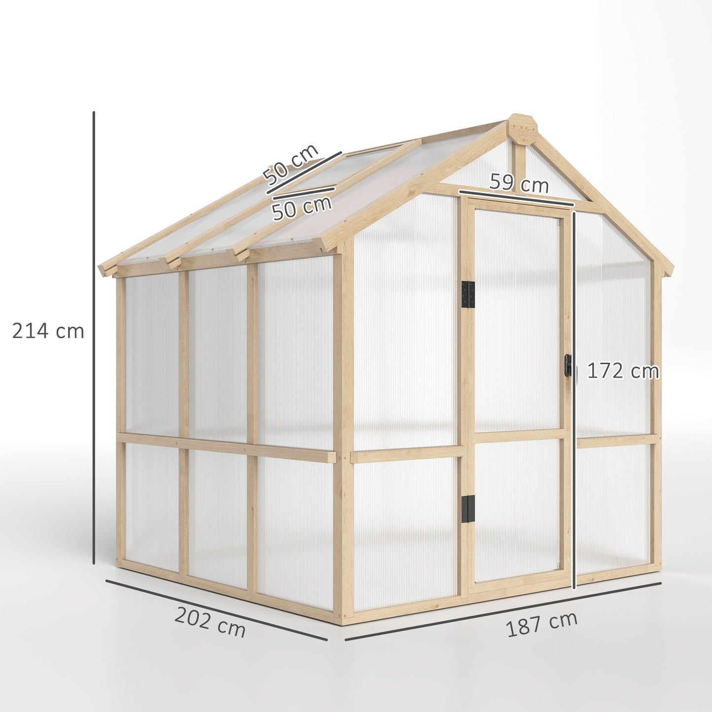 Outsunny 6.6 x 6ft Polycarbonate Greenhouse, Walk-in Wooden Greenhouse with Lockable Door and Window, Garden Plants Grow House, Brown
