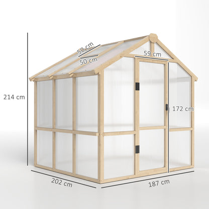 Outsunny 6.6 x 6ft Polycarbonate Greenhouse, Walk-in Wooden Greenhouse with Lockable Door and Window, Garden Plants Grow House, Brown