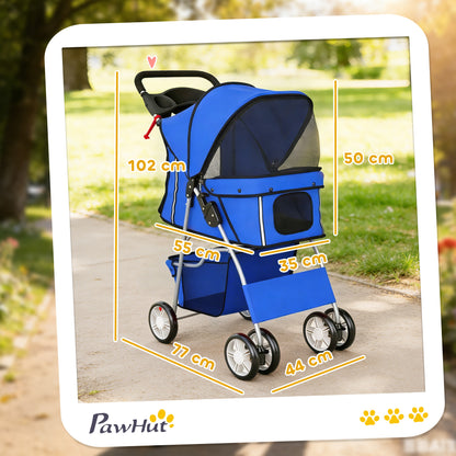 PawHut Dog Pram, Pet Stroller with Reflective Strips, Foldable Cat Stroller with 360Â° Swivel Wheels, Blue