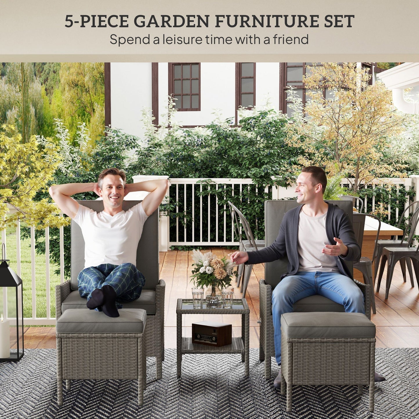 Outsunny 5 Piece Rattan Garden Furniture Set, Wicker Patio Sofa Set with 2 Armchairs, 2 Footstools, Glass Top Coffee Table with Shelf, Outdoor Furniture with Adjustable Backrests, Cushions, Dark Grey