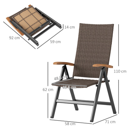 Outsunny 2-częściowy składany fotel do jadalni na zewnątrz z podłokietnikami, wysokie oparcie, do ogrodu, na kemping, na balkon, brązowy