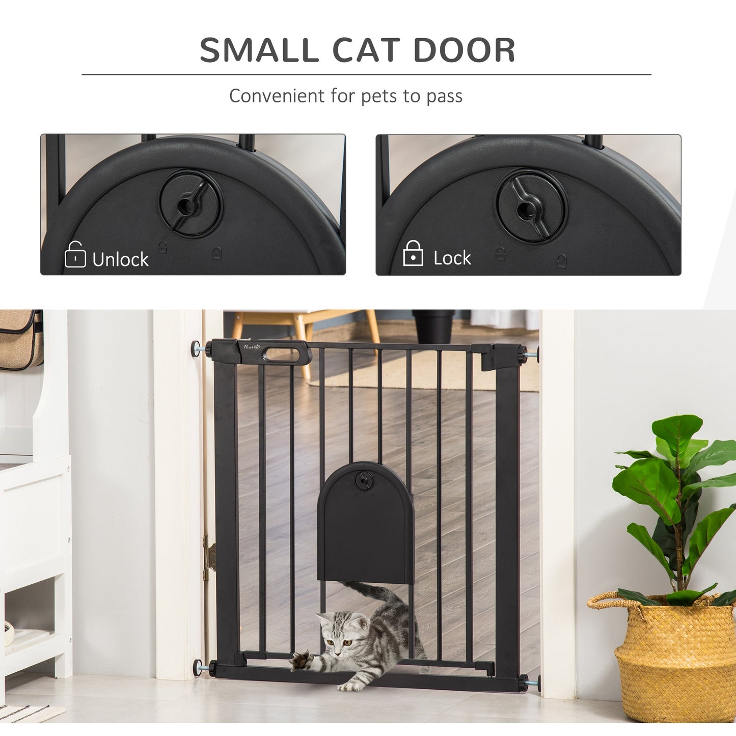 PawHut Dog Gate with Cat Flap Pet Safety Gate Barrier, Stair Pressure Fit, Auto Close, Double Locking, for Doorways, Hallways, 75-82 cm Black