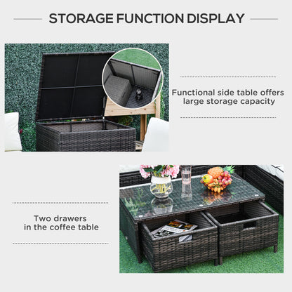 Outsunny 4 Pcs Rattan Wicker Garden Furniture Patio Sofa Storage & Table Set w/ 2 Drawers Coffee Table,Great Cushioned 4 Seats Corner Sofa - Brown