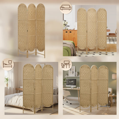 HOMCOM Indoor Oval 3-Panel Room Divider 120 x 170 cm Folding Lightweight Woven Partition, Natural Wood