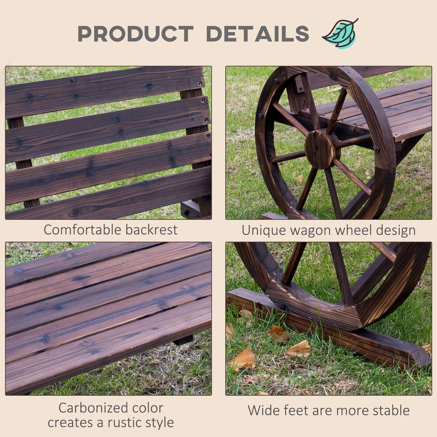 Outsunny 2 Seater Garden Bench with Wooden Cart Wagon Wheel Rustic High Back Brown