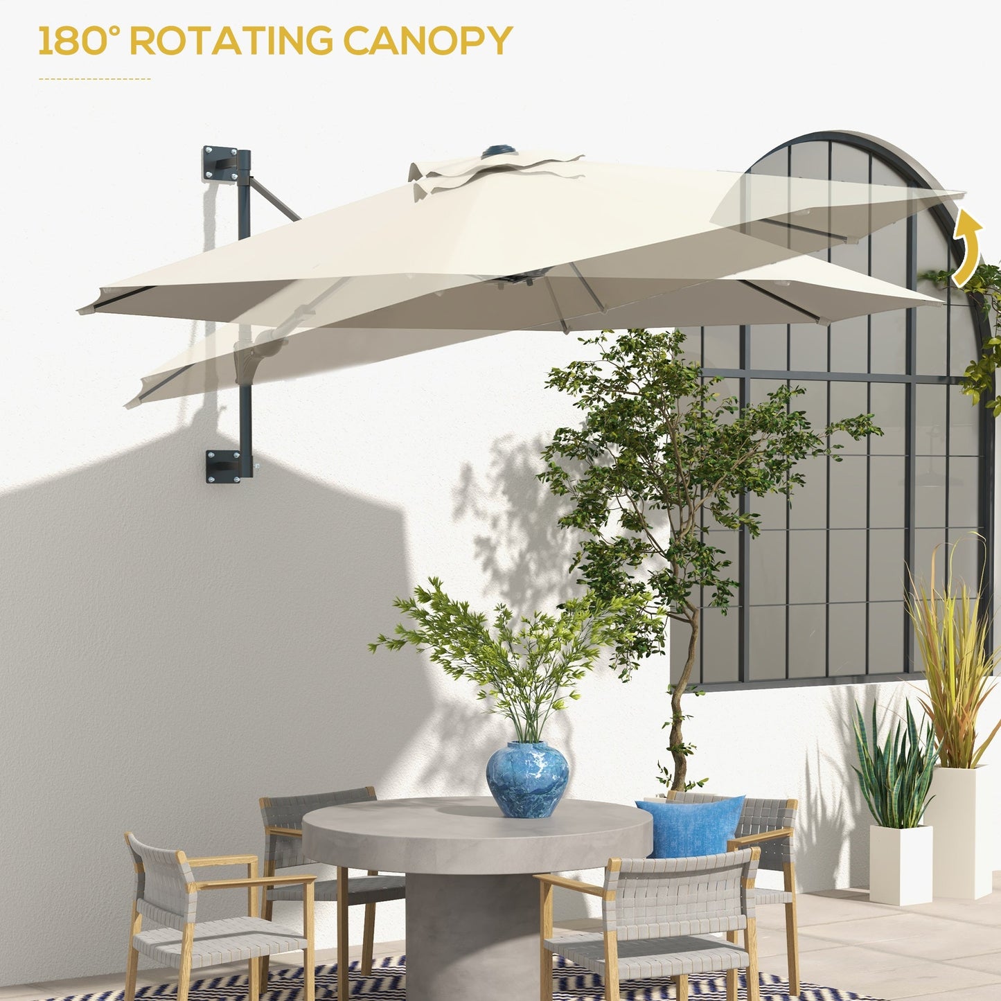 Outsunny Wall Mounted Umbrella with Vent, Garden Patio Parasol Umbrella Sun Shade Canopy, Beige