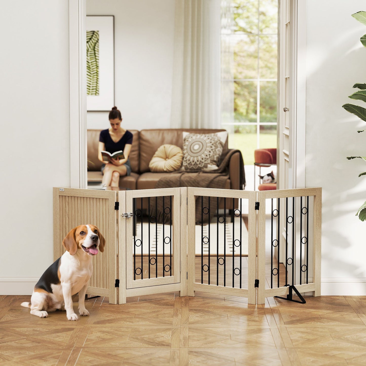 PawHut 4 Panel Freestanding Pet Gate, Indoor Dog Barrier with Lockable Door, Support Feet, 360Â° Flexible Hinges, Oak