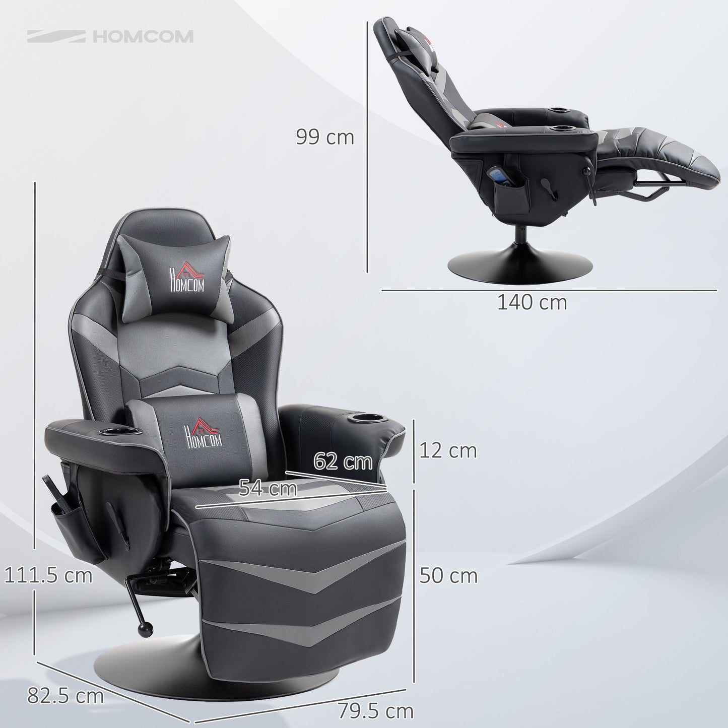 Fotel masujący HOMCOM z pilotem, skórzany fotel z uchwytami na kubki i kieszeniami bocznymi, fotel z zagłówkiem w stylu wyścigowym, obrotowy o 360°, podparcie lędźwiowe, szary