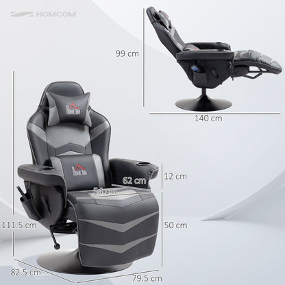 Fotel masujący HOMCOM z pilotem, skórzany fotel z uchwytami na kubki i kieszeniami bocznymi, fotel z zagłówkiem w stylu wyścigowym, obrotowy o 360°, podparcie lędźwiowe, szary