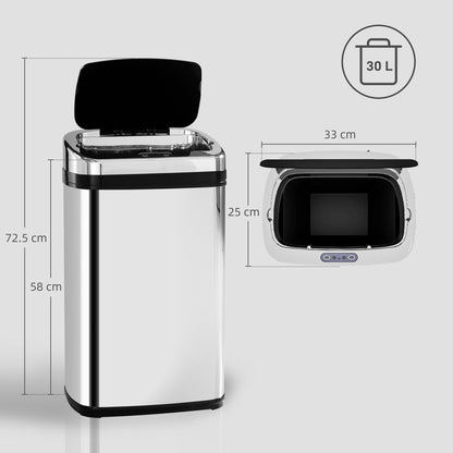 HOMCOM 30L Stainless Steel Motion Sensor Lid Bin - Silver Tone