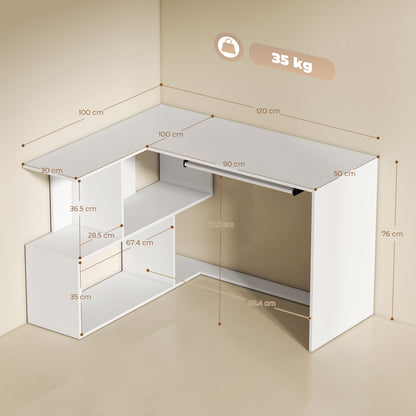 HOMCOM L-Shaped Corner Desk, Computer Desk with Keyboard Tray and Open Shelves, White Wood Effect
