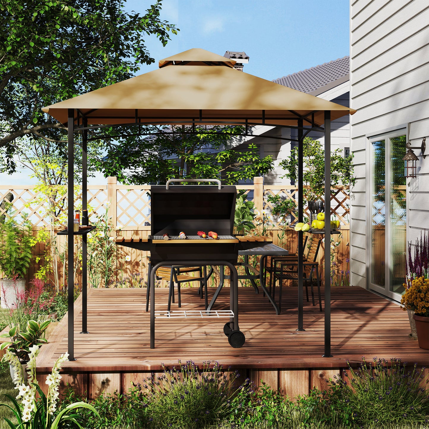 Outsunny 2.5M (8ft) Grill Gazebo Canopy, Double Tiered Outdoor BBQ Gazebo Shelter with 2 Side Shelves for Garden, Patio, Barbecue, Picnic, Khaki