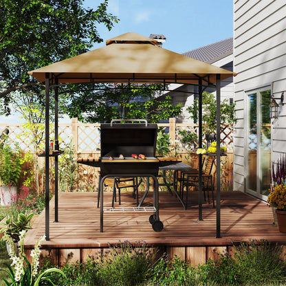 Outsunny 2.5M (8ft) Grill Gazebo Canopy, Double Tiered Outdoor BBQ Gazebo Shelter with 2 Side Shelves for Garden, Patio, Barbecue, Picnic, Khaki