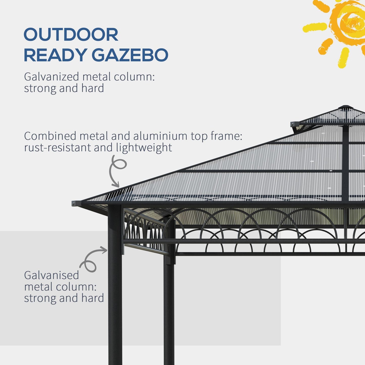 Outsunny 3 x 3 (m) Outdoor Polycarbonate Gazebo, Double Roof Hard Top Gazebo with Galvanised Steel Frame, Nettings & Curtains for Garden, Lawn, Patio and Deck