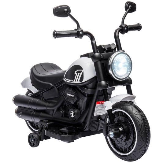 6v Electric Motorbike with Training Wheels, One-Button Start - White