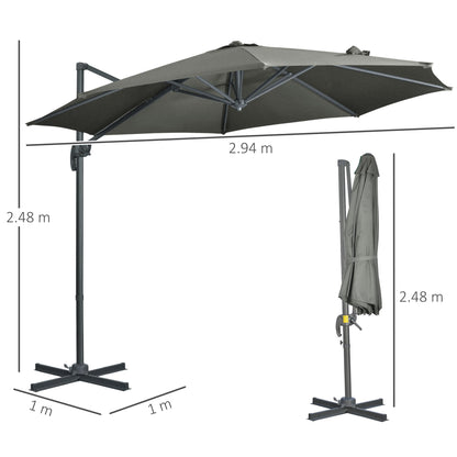 Outsunny 3 x 3(m) Cantilever Parasol with Cross Base, Garden Umbrella with 360° Rotation, Crank Handle and Tilt for Outdoor, Patio, Grey