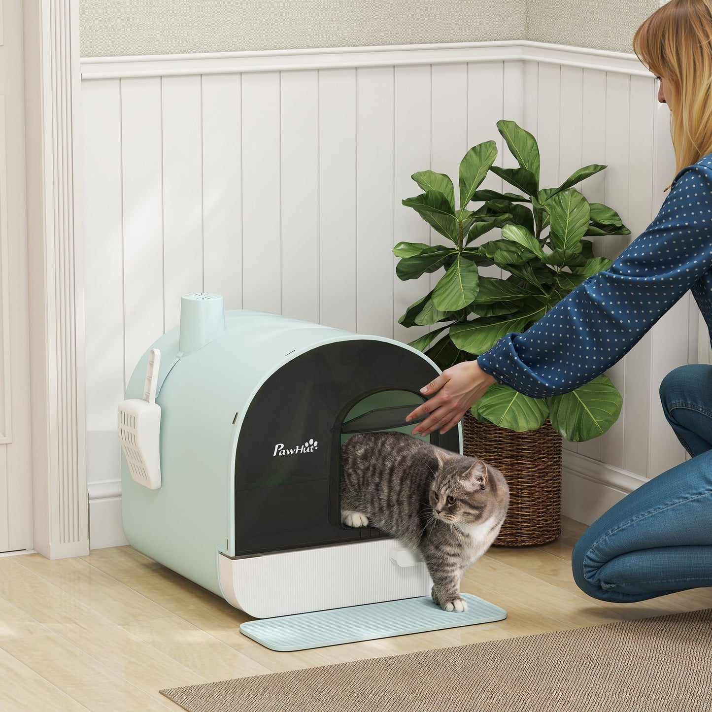 PawHut Hooded Cat Litter Box, Kitten Litter Tray, with Lid, Scoop, Filter, Flap Door