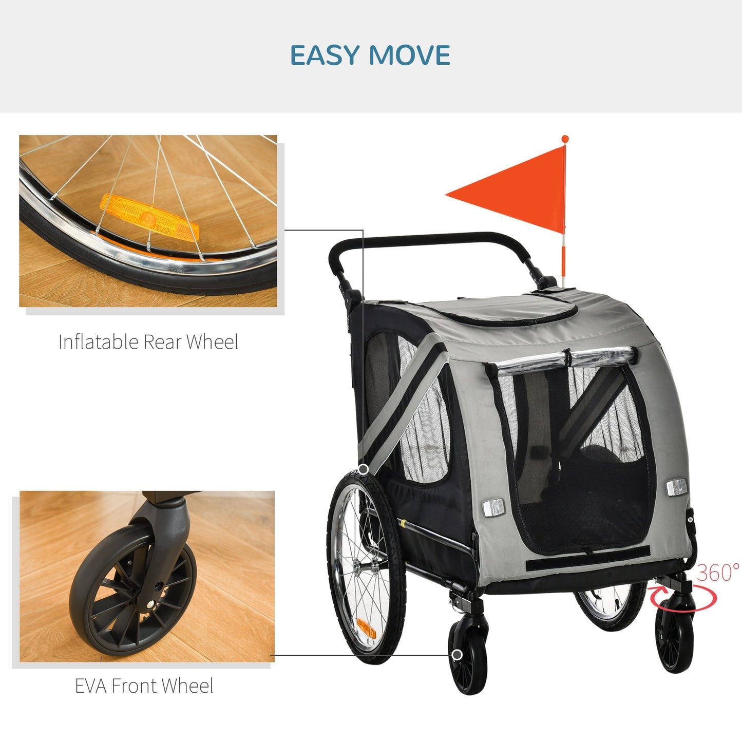 PawHut Dog Bike Trailer 2-in-1 Pet Stroller Cart Bicycle Carrier Attachment for Travel in steel frame with Universal Wheel Reflectors Flag Grey